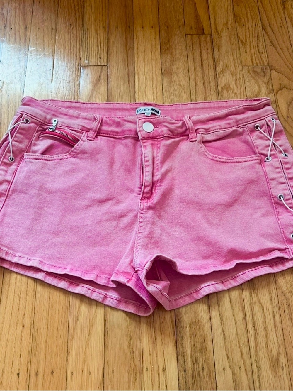 Fashion Nova Pink Lace-Up Side Pocket Denim Shorts